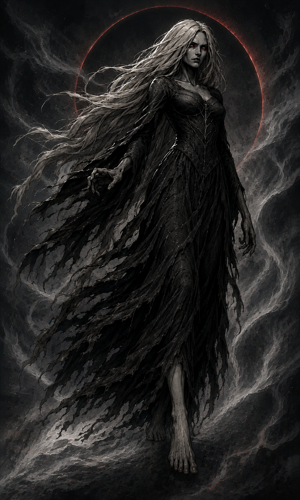 Spirit walking barefoot through a rainy street, pale hair and a long tattered dress.