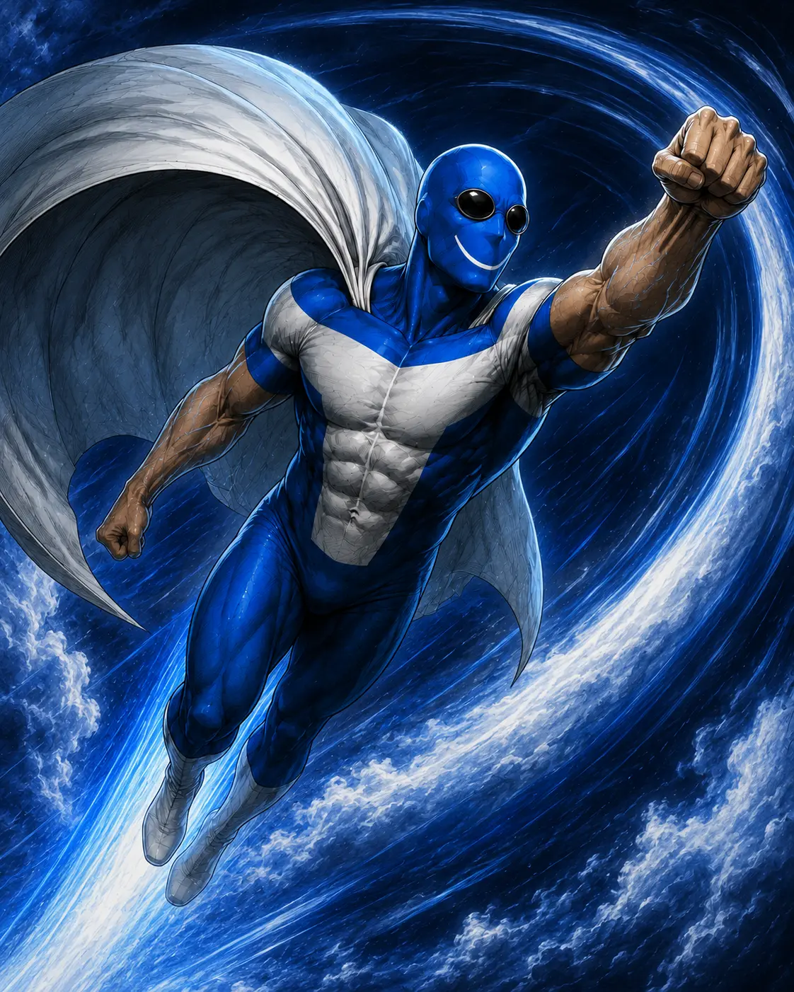 Titanium in a blue and white suit with a long white cape, rising into open sky.